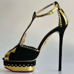 Talons Hauts Charlotte Olympia Noir Et Or – Taille 36, Velours – Occasion – Style Platine Métallique
